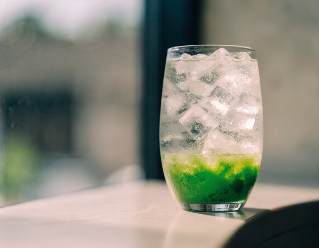 Matcha sparkling tonic over ice