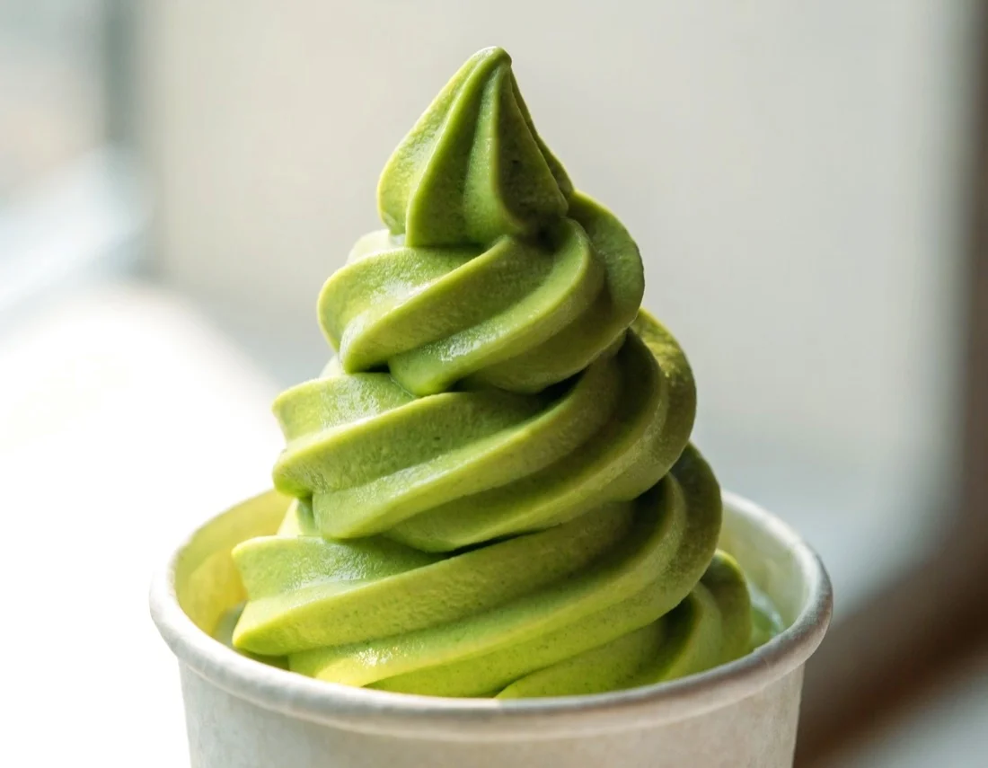 Matcha soft serve in a cup